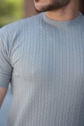 Erkek Bisiklet Yaka örgü Desenli Kısa örme Triko Kısa Kollu T-shirt resmi